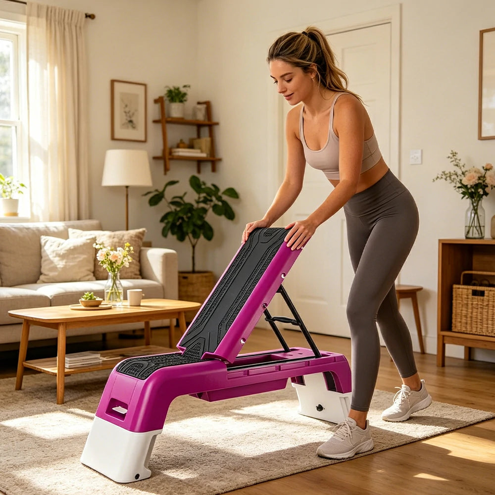 FITPRO Multi-Functional Step Bench with Adjustable Angles, Foldable Storage for Home Fitness Training - Pink&White