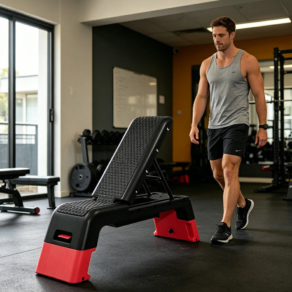 FITPRO Multi-Functional Step Bench with Adjustable Angles, Foldable Storage for Home Fitness Training - Red&Black