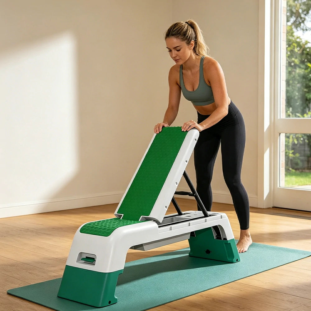 FITPRO Multi-Functional Step Bench with Adjustable Angles, Foldable Storage for Home Fitness Training - Green&White
