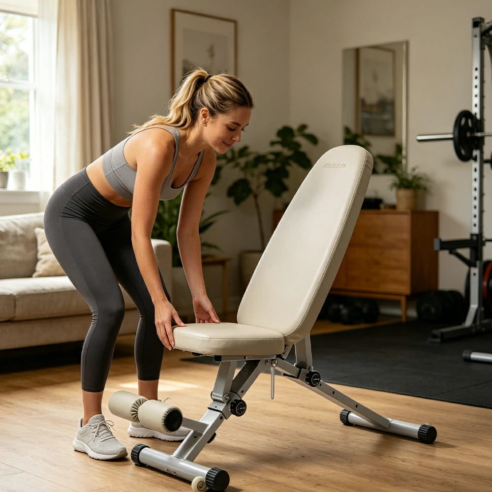 FITPRO Foldable Weight Bench with Widened Cushion and Stable Steel Frame for Home Full-Body Fitness Training - White