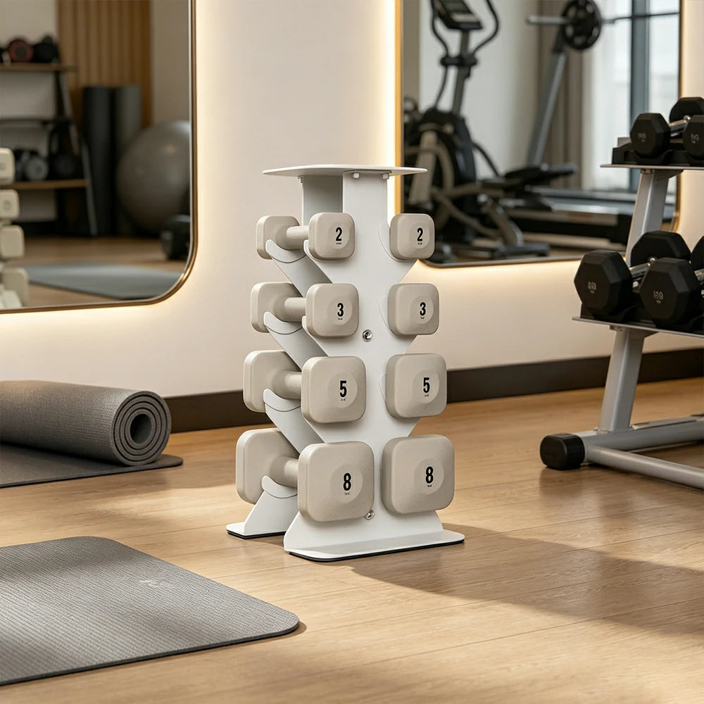 FITPRO Dumbbell Rack Set with 4 Pairs of Dumbbells and Vertical Storage for Small-Space Home Fitness - Beige&White