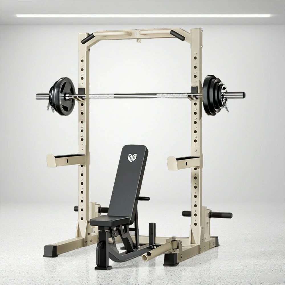 MERIDIAN Multi-Function Power Rack with Bench – Squat, Bench Press, Pull-Up, 19 Height Levels, Space-Saving Design - Beige