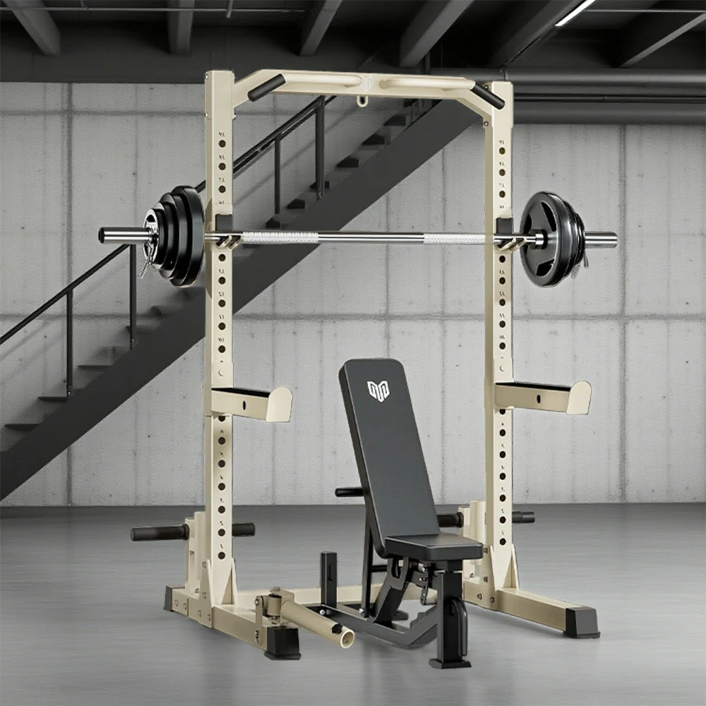 MERIDIAN Multi-Function Power Rack with Bench – Squat, Bench Press, Pull-Up, 19 Height Levels, Space-Saving Design - Beige
