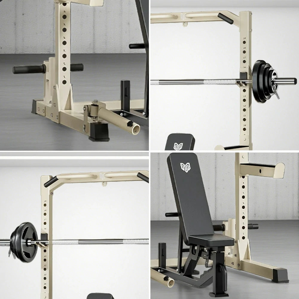 MERIDIAN Multi-Function Power Rack with Bench – Squat, Bench Press, Pull-Up, 19 Height Levels, Space-Saving Design - Beige
