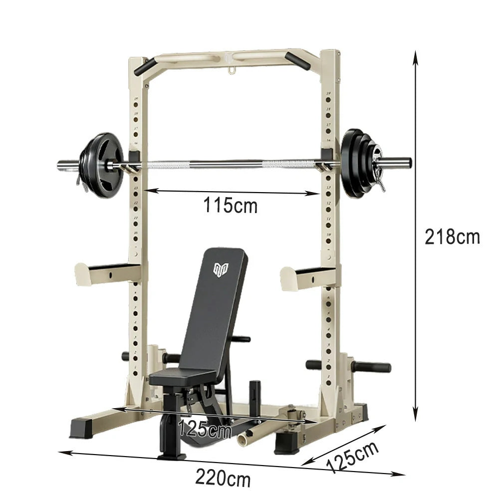 MERIDIAN Multi-Function Power Rack with Bench – Squat, Bench Press, Pull-Up, 19 Height Levels, Space-Saving Design - Beige