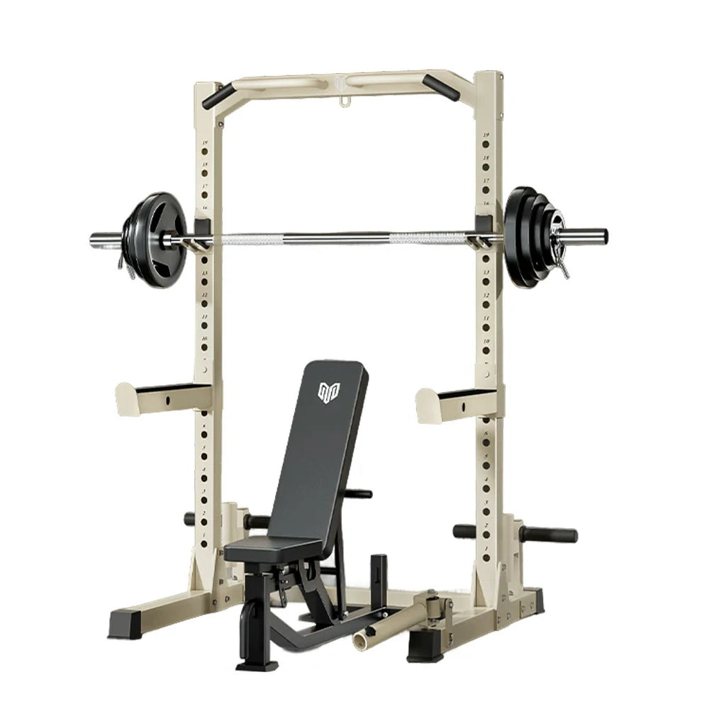 MERIDIAN Multi-Function Power Rack with Bench – Squat, Bench Press, Pull-Up, 19 Height Levels, Space-Saving Design - Beige