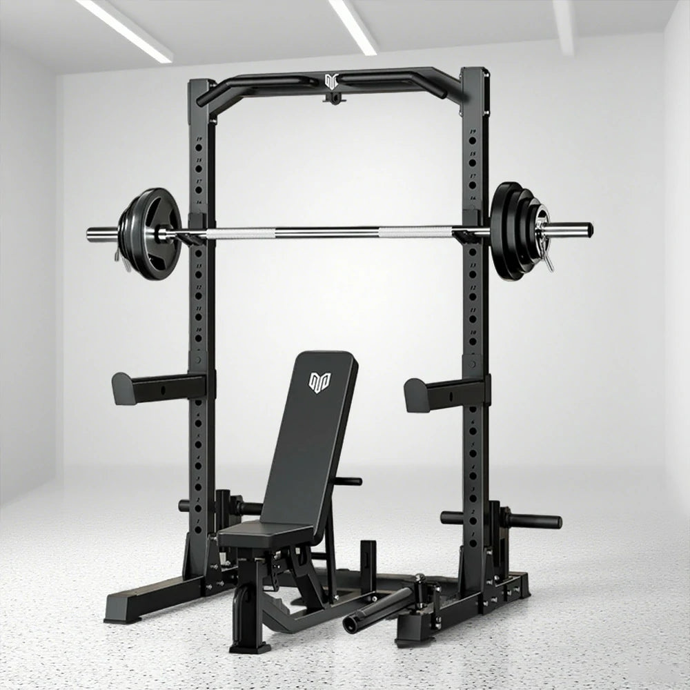 MERIDIAN Multi-Function Power Rack with Bench – Squat, Bench Press, Pull-Up, 19 Height Levels, Space-Saving Design - Black
