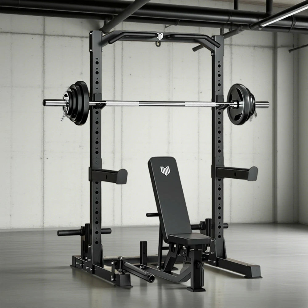 MERIDIAN Multi-Function Power Rack with Bench – Squat, Bench Press, Pull-Up, 19 Height Levels, Space-Saving Design - Black