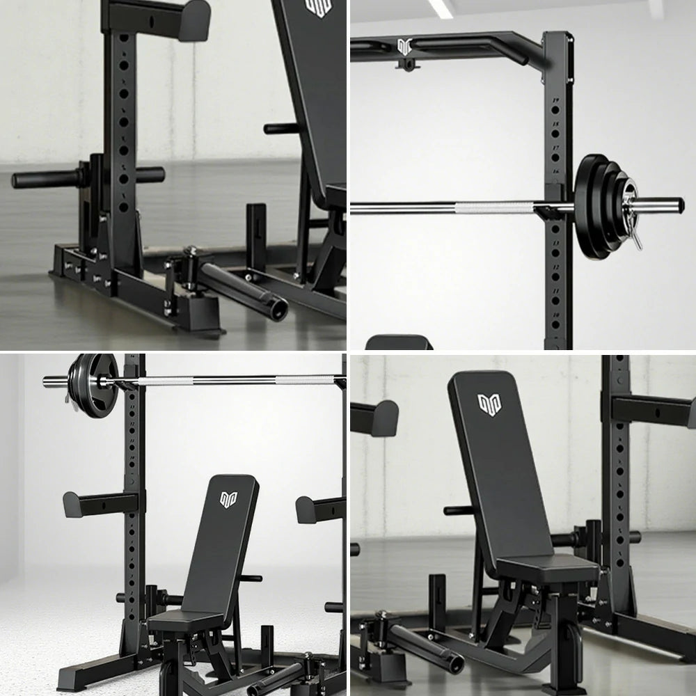 MERIDIAN Multi-Function Power Rack with Bench – Squat, Bench Press, Pull-Up, 19 Height Levels, Space-Saving Design - Black