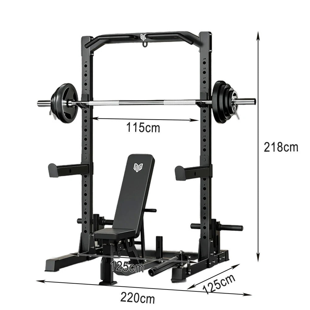 MERIDIAN Multi-Function Power Rack with Bench – Squat, Bench Press, Pull-Up, 19 Height Levels, Space-Saving Design - Black