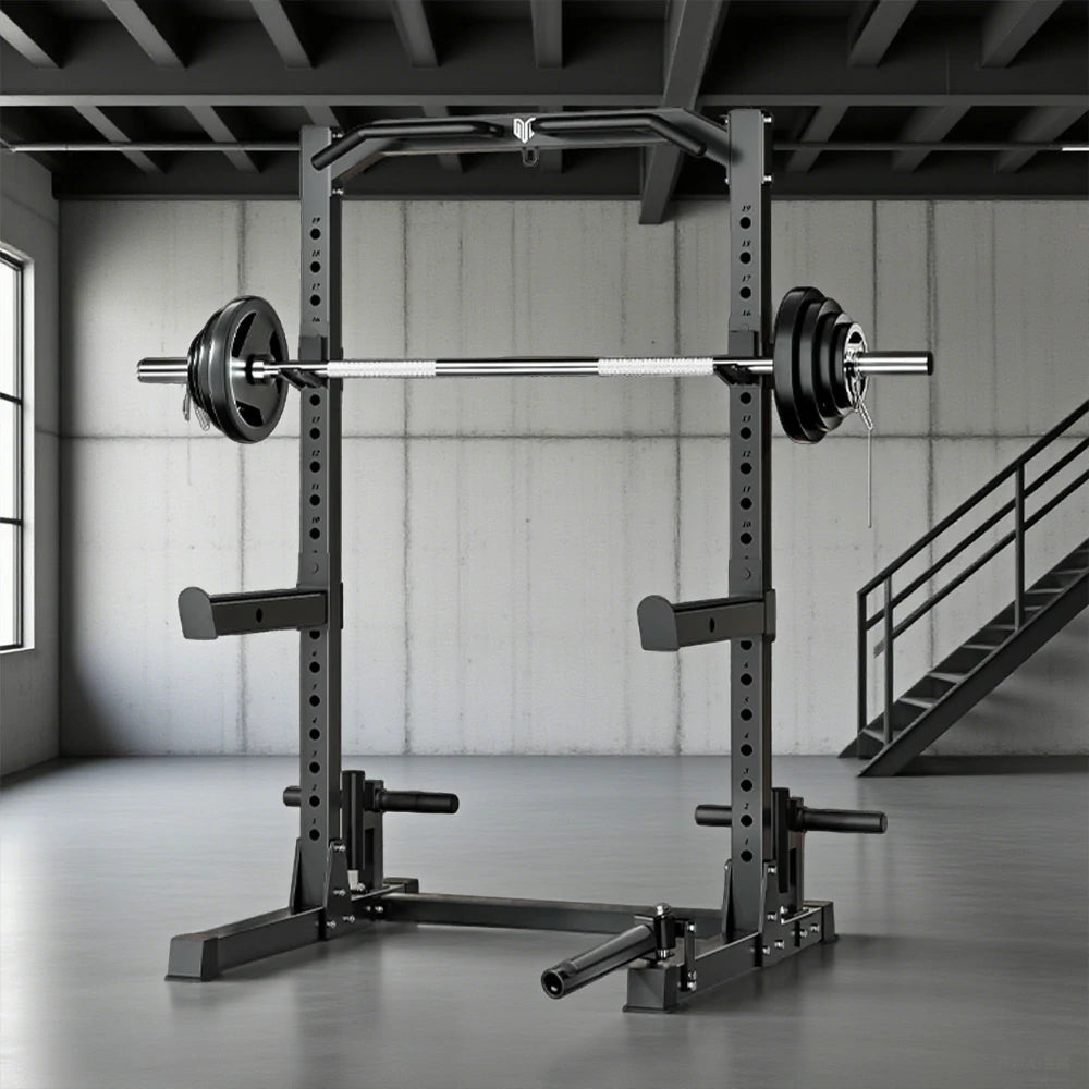 MERIDIAN Home Gym Power Rack - 19 Height Levels, 400kg Squat Capacity, 200kg Pull-Up, Includes Barbell - Black