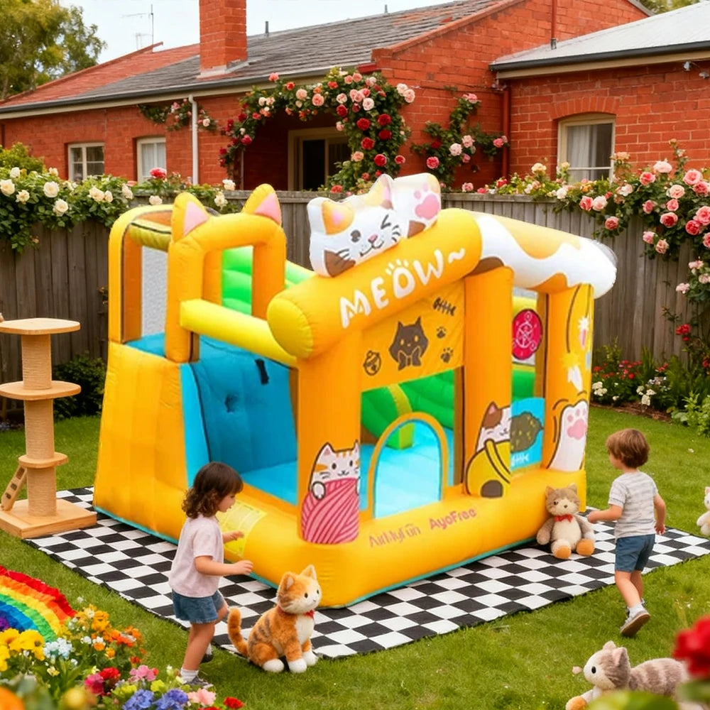 GAMEON Cat Theme Bounce House PVC Inflatable Castle with Blower for Kids Outdoor Fun Playland