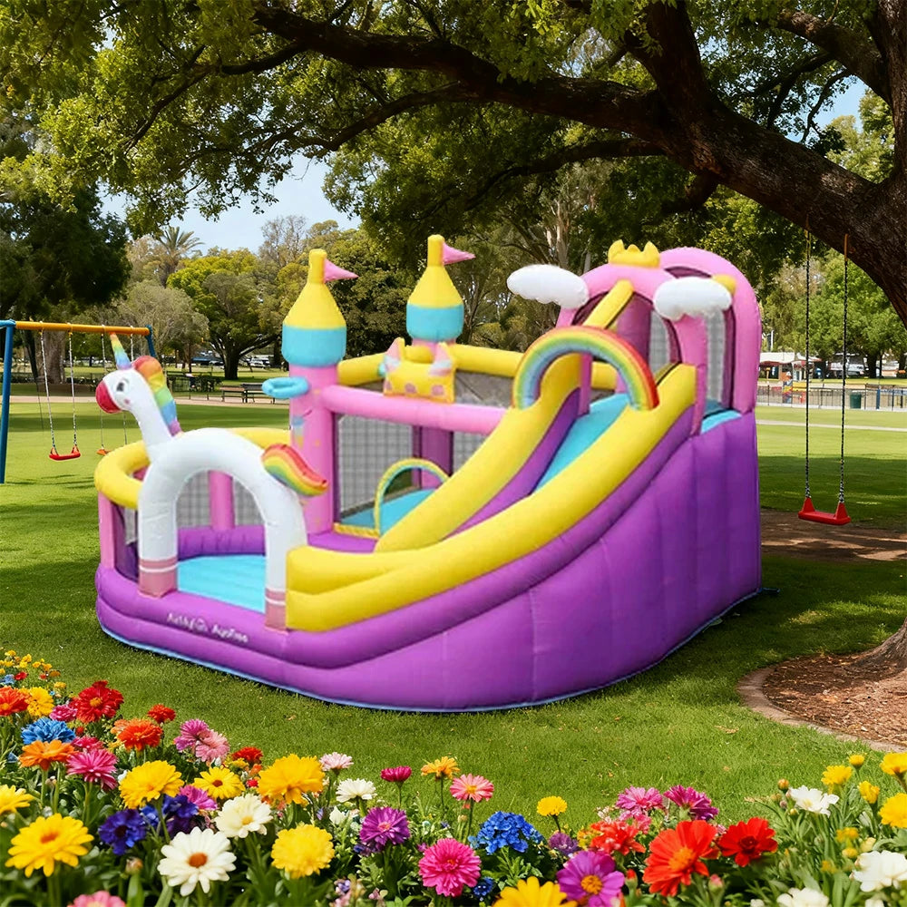 GAMEON Unicorn Theme Bounce House PVC Inflatable Castle with Blower for Kids Outdoor Fun Playland