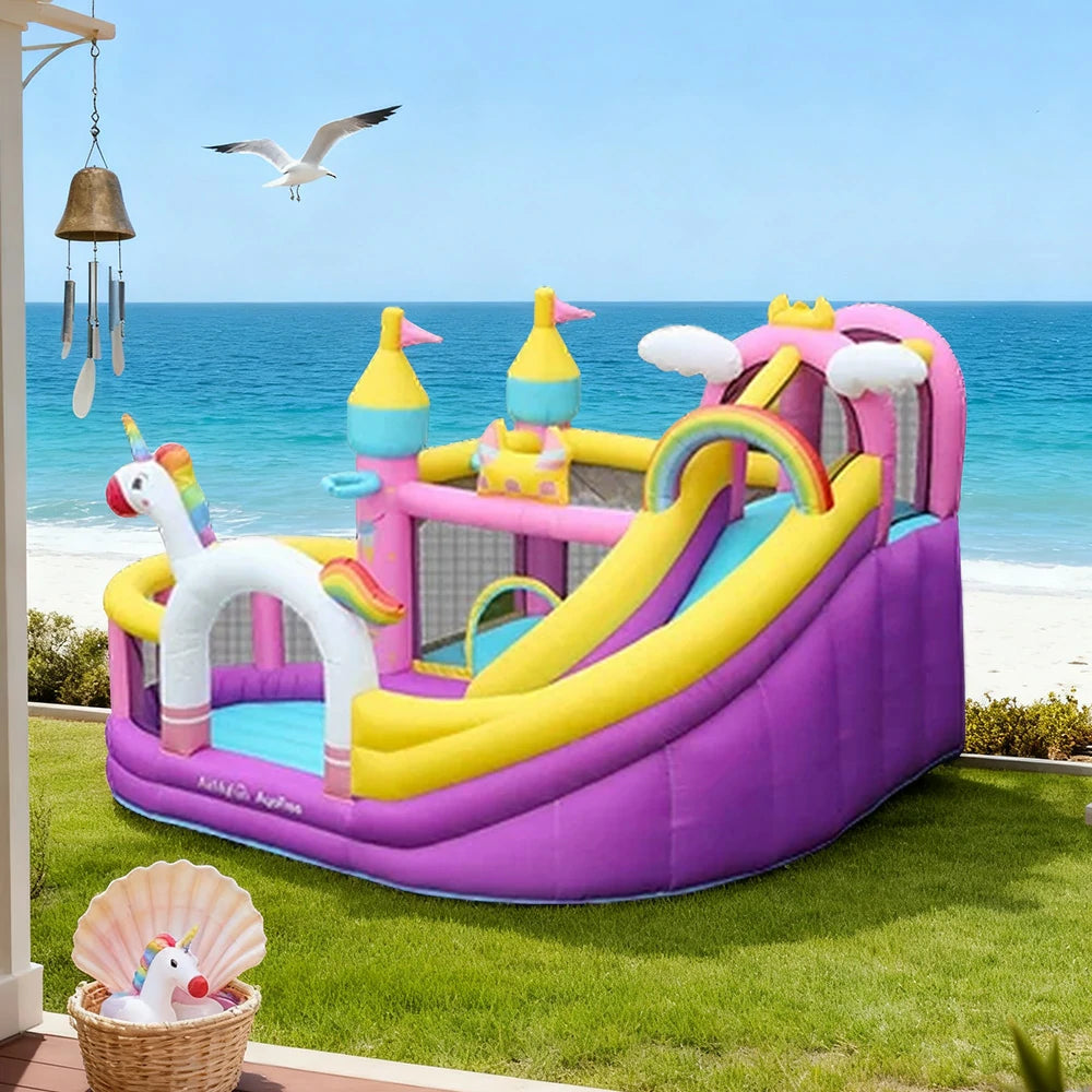 GAMEON Unicorn Theme Bounce House PVC Inflatable Castle with Blower for Kids Outdoor Fun Playland