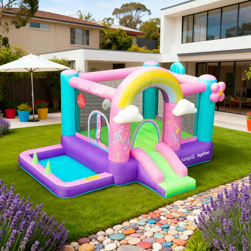 GAMEON Rainbow Unicorn Theme PVC Inflatable Bounce Castle with Blower for Kids Outdoor Water Fun and Backyard Play
