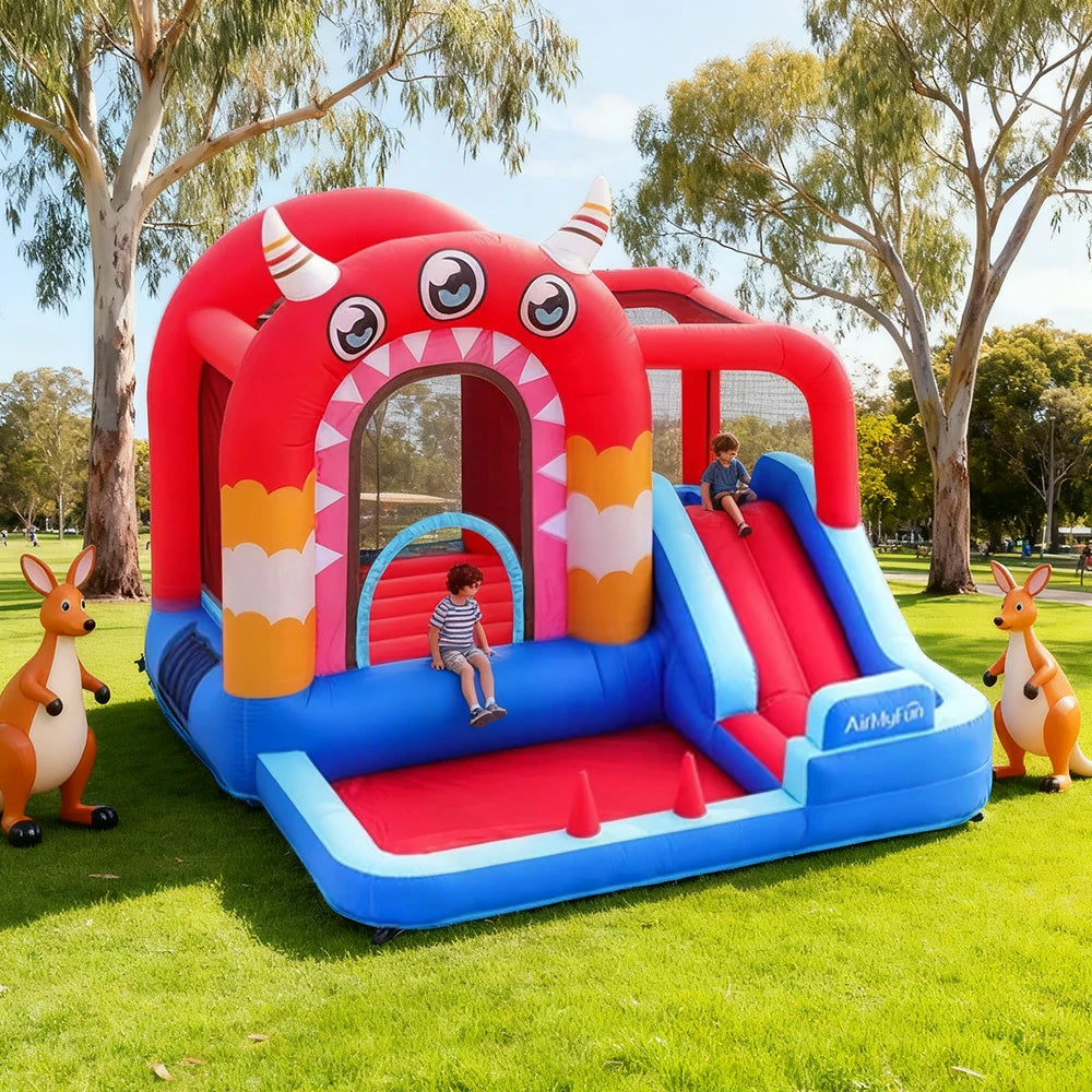 GAMEON Three-Eyed Monster PVC Inflatable Bounce Castle with Blower - Red and Blue Monster Theme Design