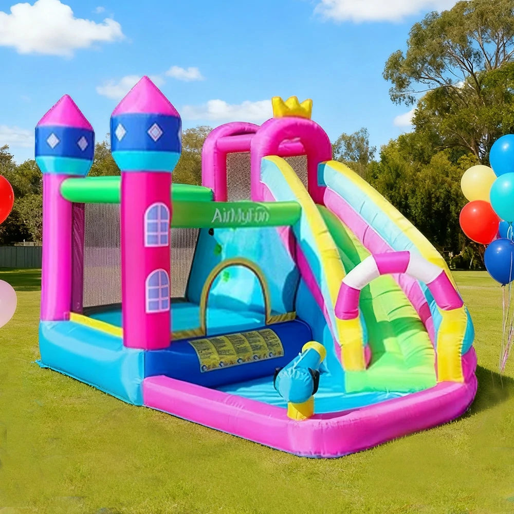GAMEON Princess Castle PVC Inflatable Bounce House with Blower - Pink & Blue Fantasy Design