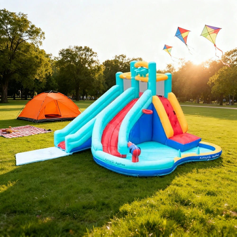 GAMEON Slide Inflatable Bounce Castle PVC Build with Blower - Aqua & Red Multi-Slide Design
