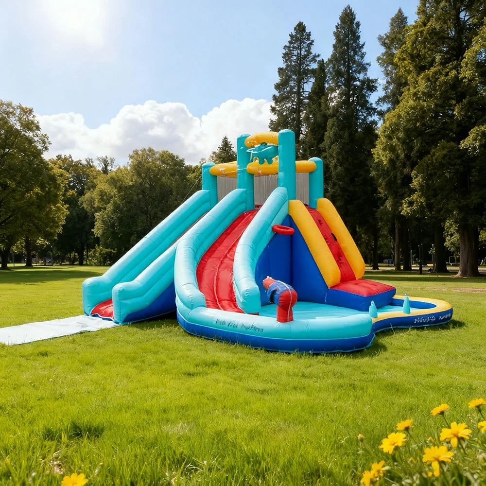 GAMEON Slide Inflatable Bounce Castle PVC Build with Blower - Aqua & Red Multi-Slide Design