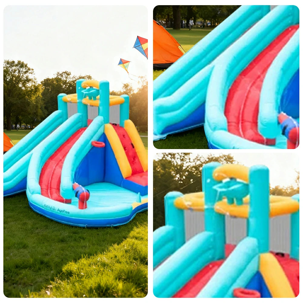 GAMEON Slide Inflatable Bounce Castle PVC Build with Blower - Aqua & Red Multi-Slide Design
