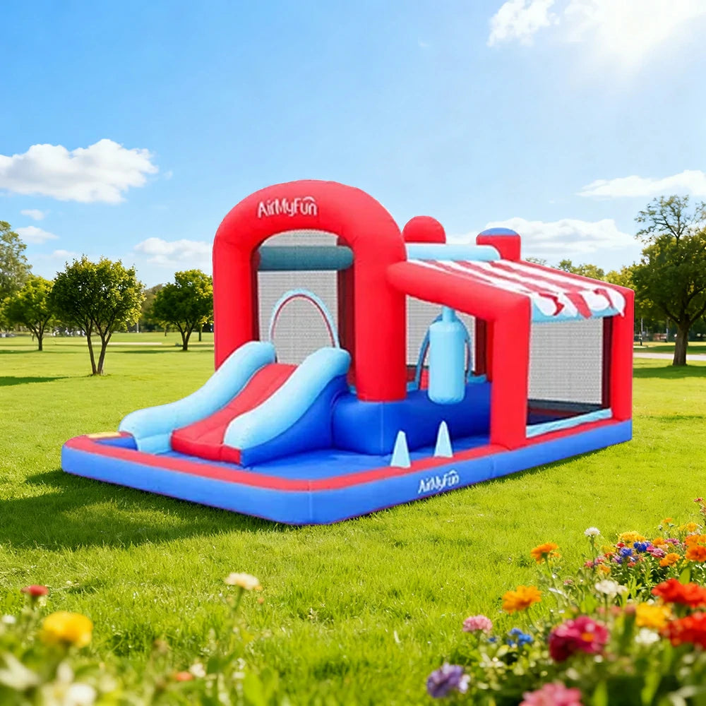 GAMEON Tent Style Inflatable Bounce Castle PVC Build with Blower - Red & Blue Playhouse Design