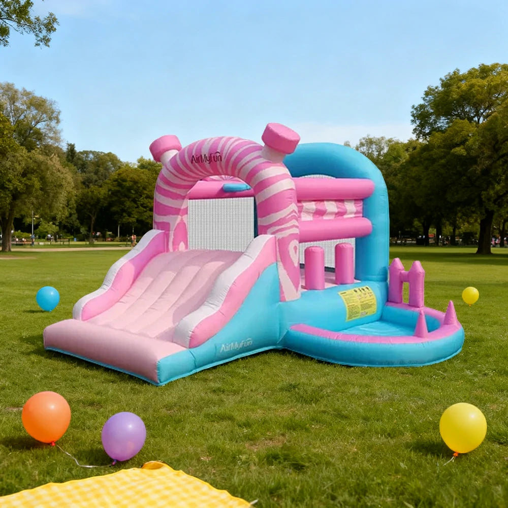GAMEON Pink & Blue Inflatable Slide Bounce Castle PVC Build with Blower - Pastel Fun Style