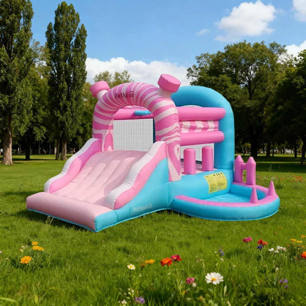 GAMEON Pink & Blue Inflatable Slide Bounce Castle PVC Build with Blower - Pastel Fun Style