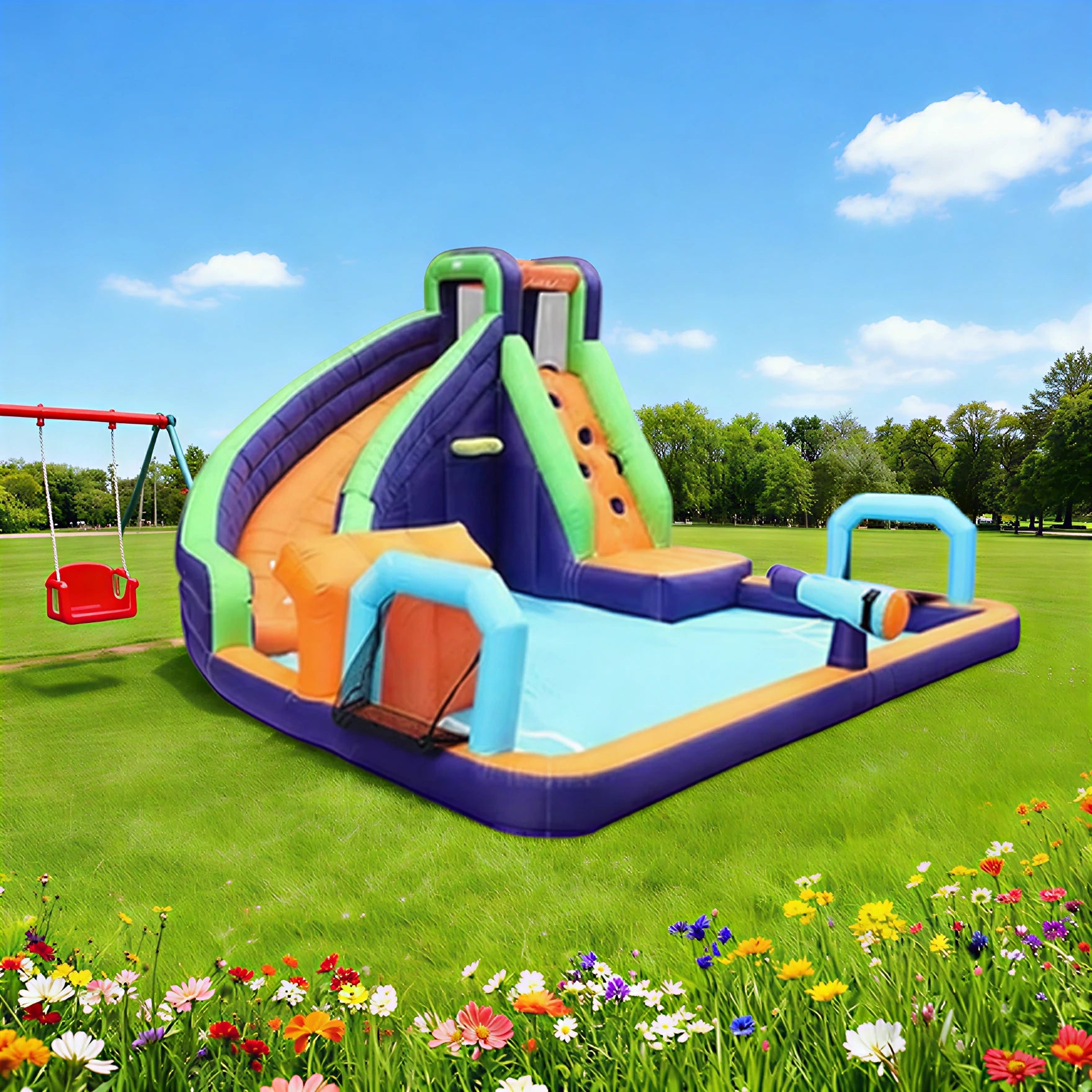 GAMEON Water Spray Soccer Slide Inflatable Bounce Castle PVC Build with Blower - Splash Action Style