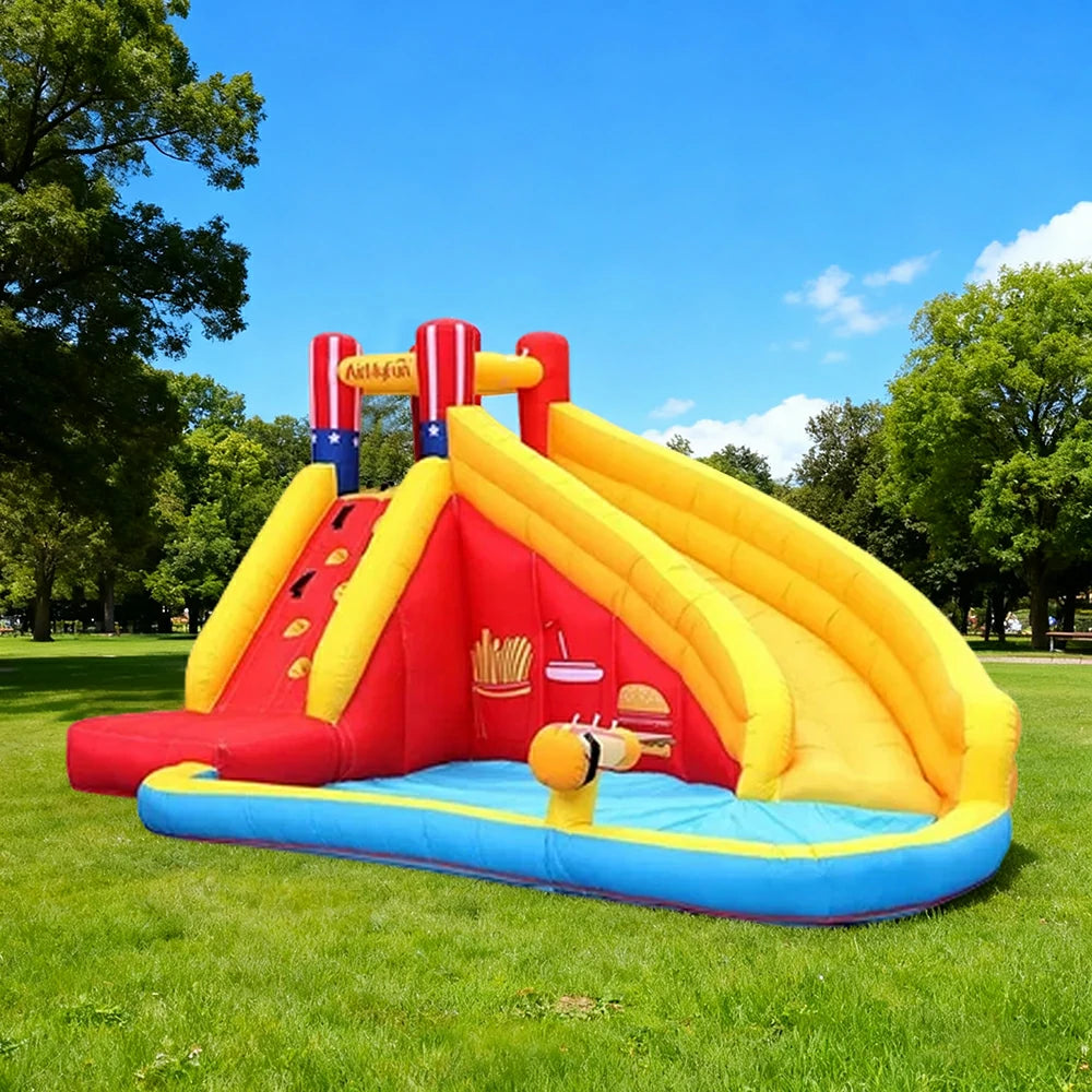 GAMEON Water Slide Inflatable Bounce Castle PVC Build with Blower - Fries & Burger Splash Fun Design