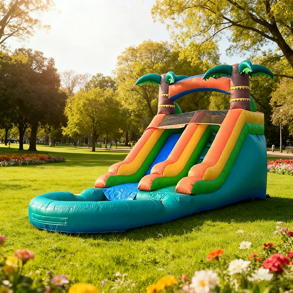 GAMEON Large Water Slide Inflatable Bounce Castle PVC Build with Blower - Tropical Green-Yellow Wave Style
