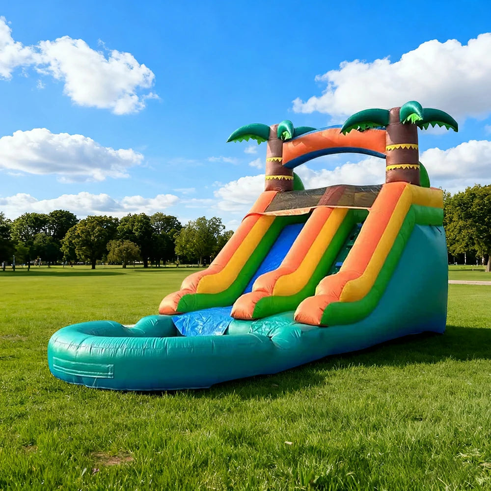 GAMEON Large Water Slide Inflatable Bounce Castle PVC Build with Blower - Tropical Green-Yellow Wave Style