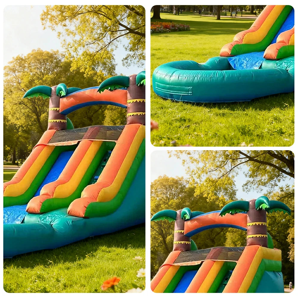 GAMEON Large Water Slide Inflatable Bounce Castle PVC Build with Blower - Tropical Green-Yellow Wave Style
