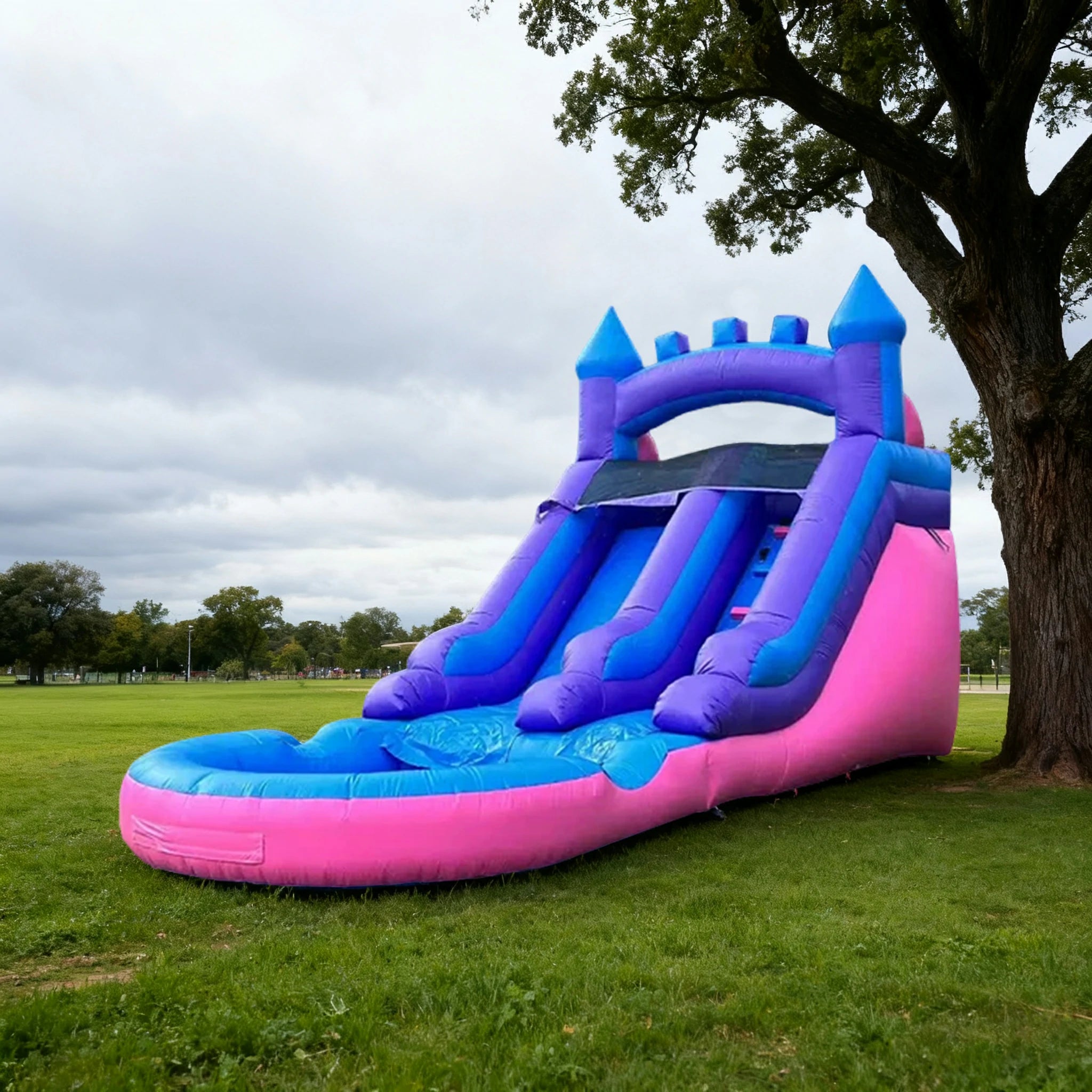 GAMEON Large Water Slide Inflatable Bounce Castle PVC Build with Blower - Tropical Blue-Pink Wave Style