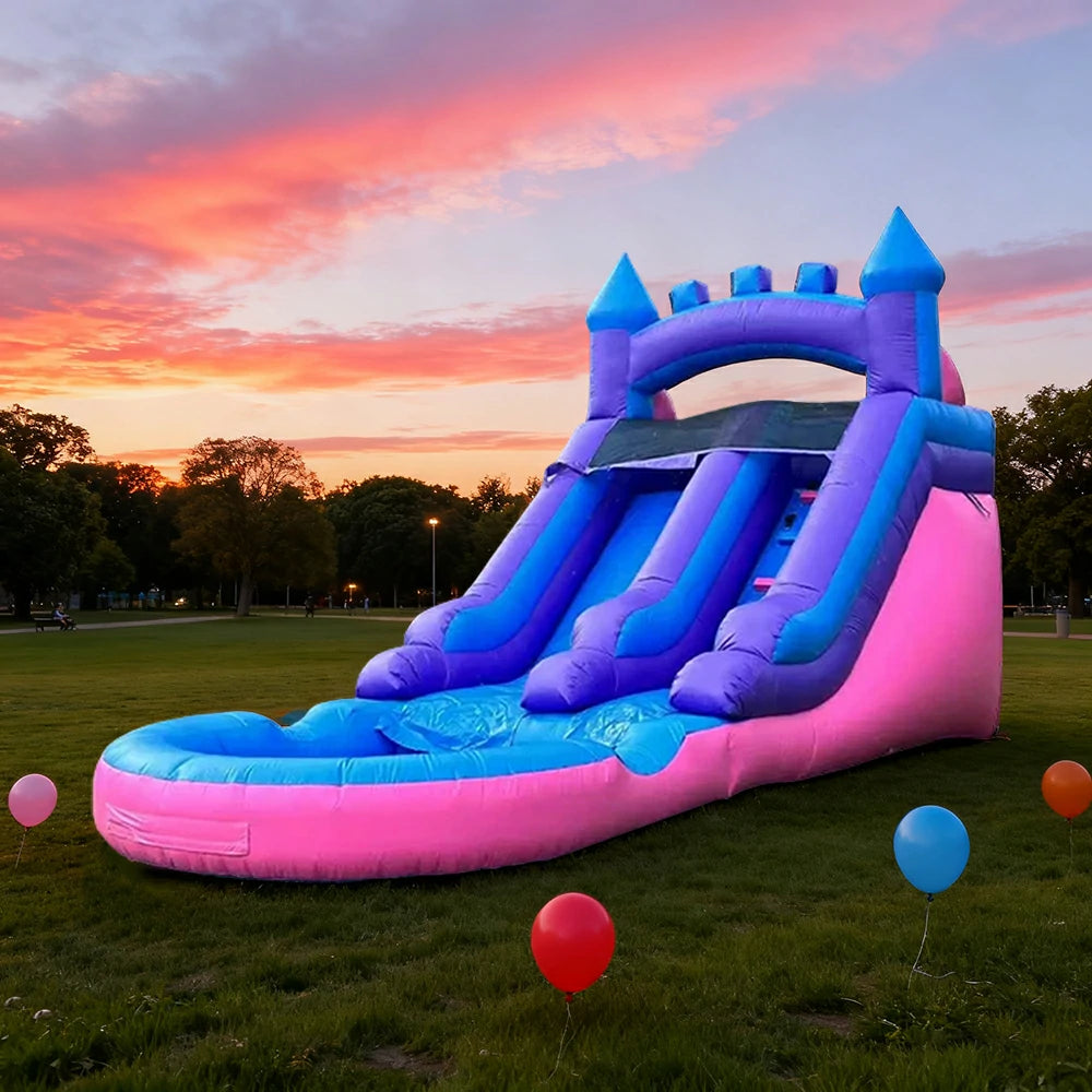 GAMEON Large Water Slide Inflatable Bounce Castle PVC Build with Blower - Tropical Blue-Pink Wave Style