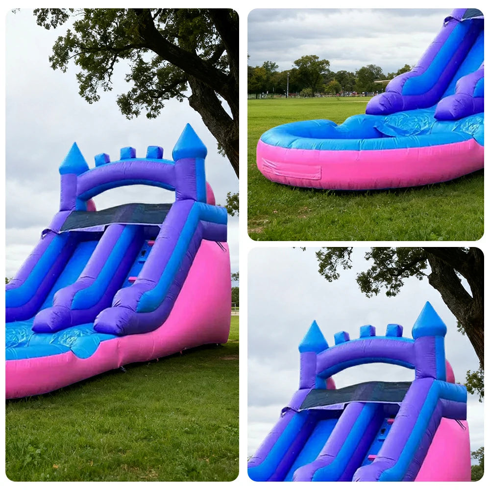 GAMEON Large Water Slide Inflatable Bounce Castle PVC Build with Blower - Tropical Blue-Pink Wave Style