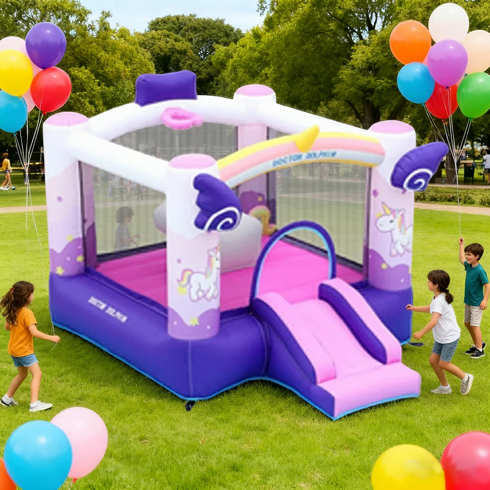 GAMEON Inflatable Bounce Castle PVC Build with Blower - Unicorn Rainbow Fantasy Slide Style