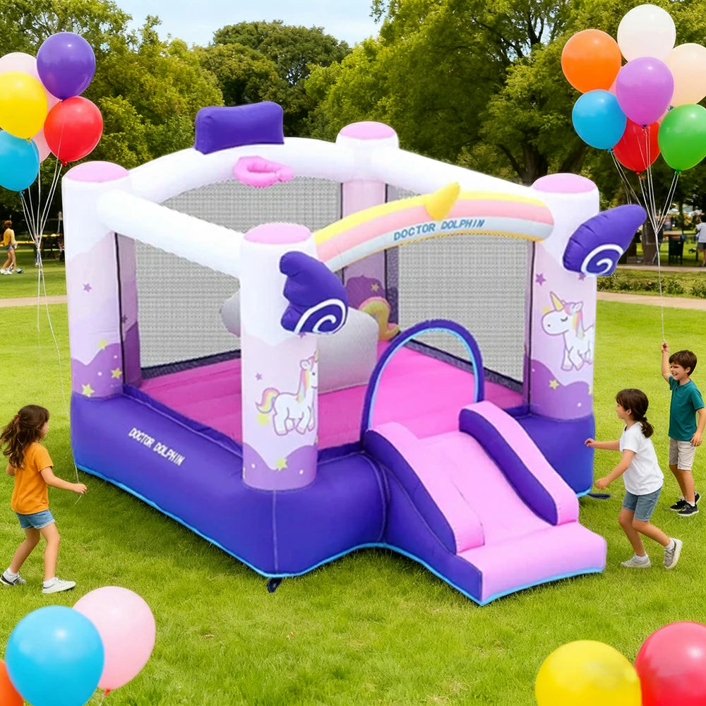 GAMEON Inflatable Bounce Castle PVC Build with Blower - Unicorn Rainbow Fantasy Slide Style