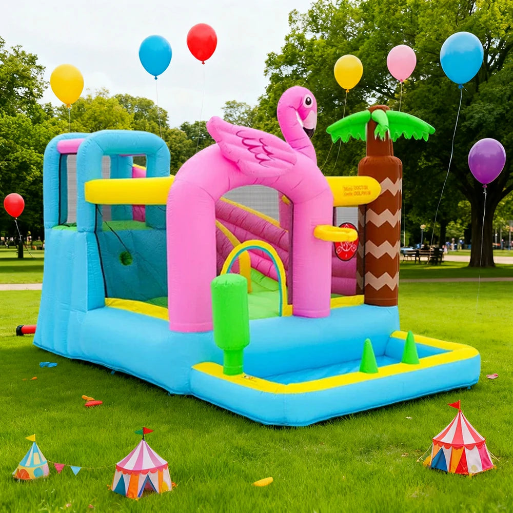 GAMEON Inflatable Bounce Castle - PVC Build with Blower, Flamingo Design, Compact Size