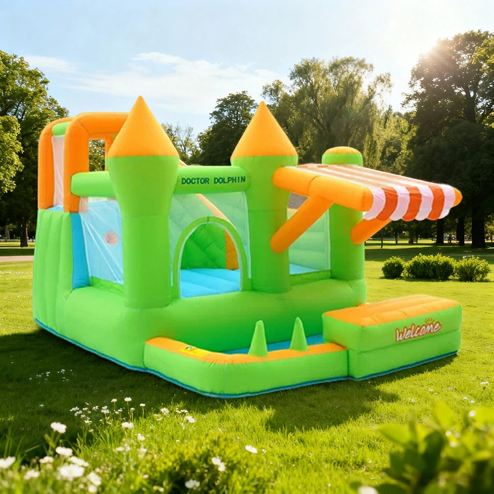 GAMEON Inflatable Bounce Castle - PVC Build with Blower, Green Castle with Awning, Kid-Friendly Design