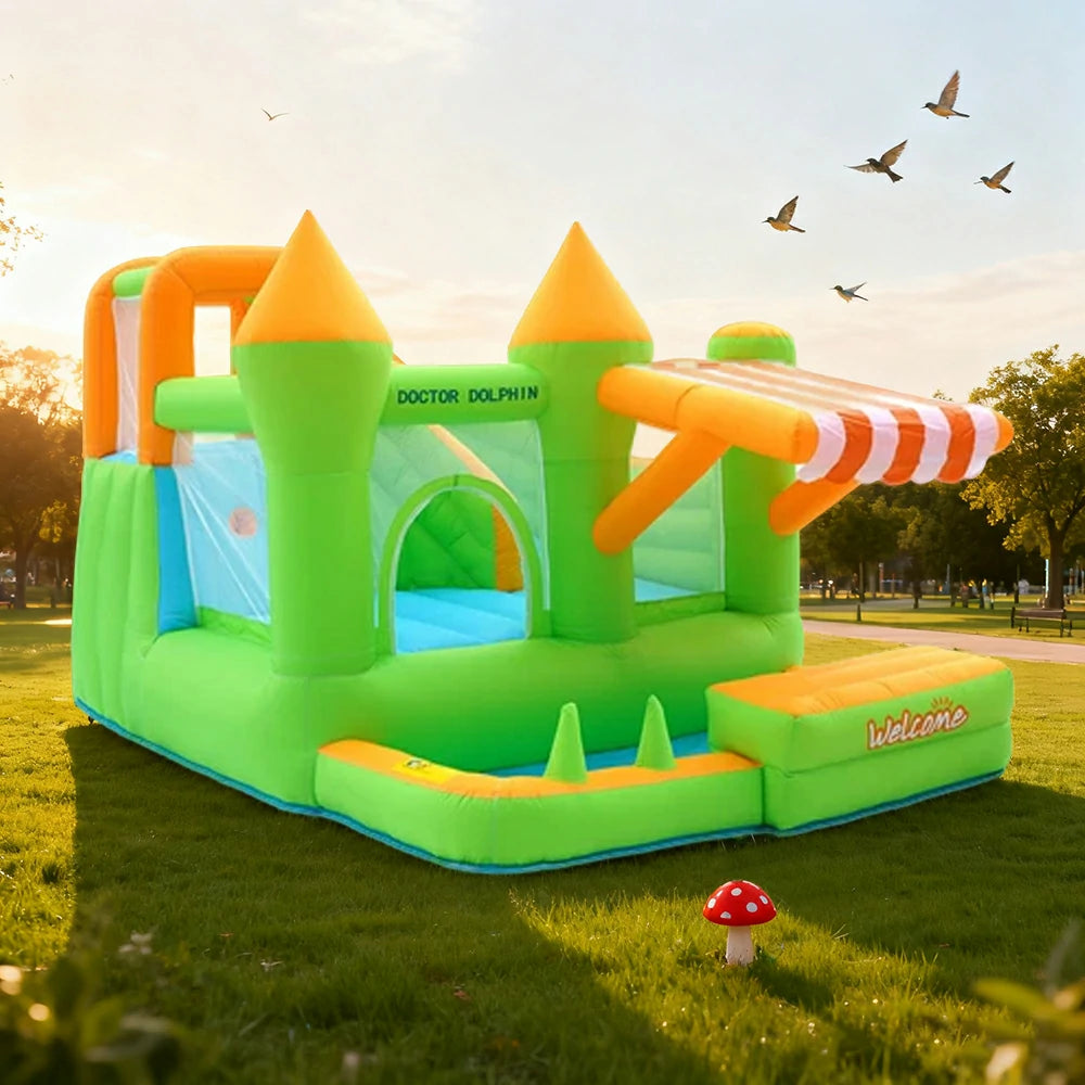 GAMEON Inflatable Bounce Castle - PVC Build with Blower, Green Castle with Awning, Kid-Friendly Design