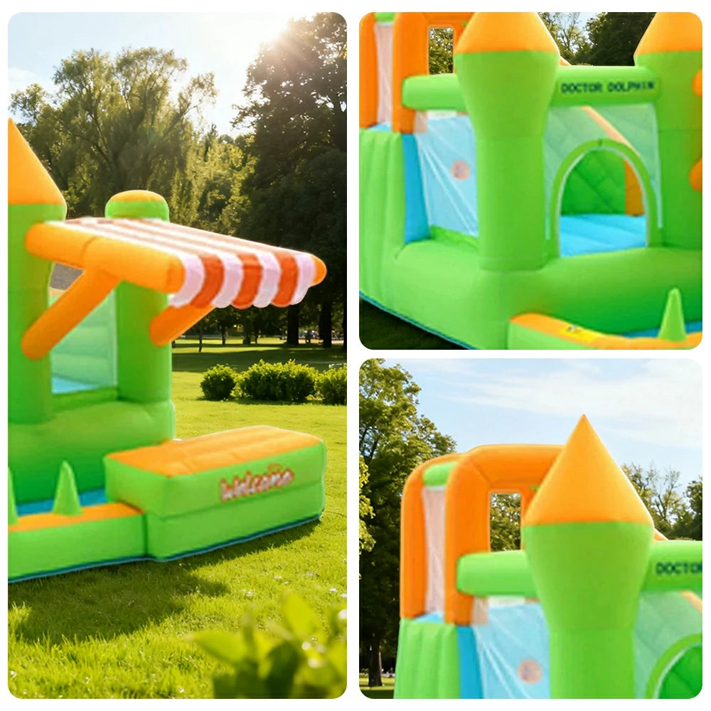 GAMEON Inflatable Bounce Castle - PVC Build with Blower, Green Castle with Awning, Kid-Friendly Design