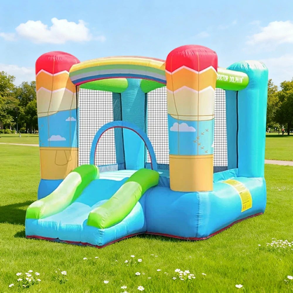 GAMEON Inflatable Bounce Castle - PVC Build with Blower, Rainbow Castle with Slide, Kid-Friendly Design