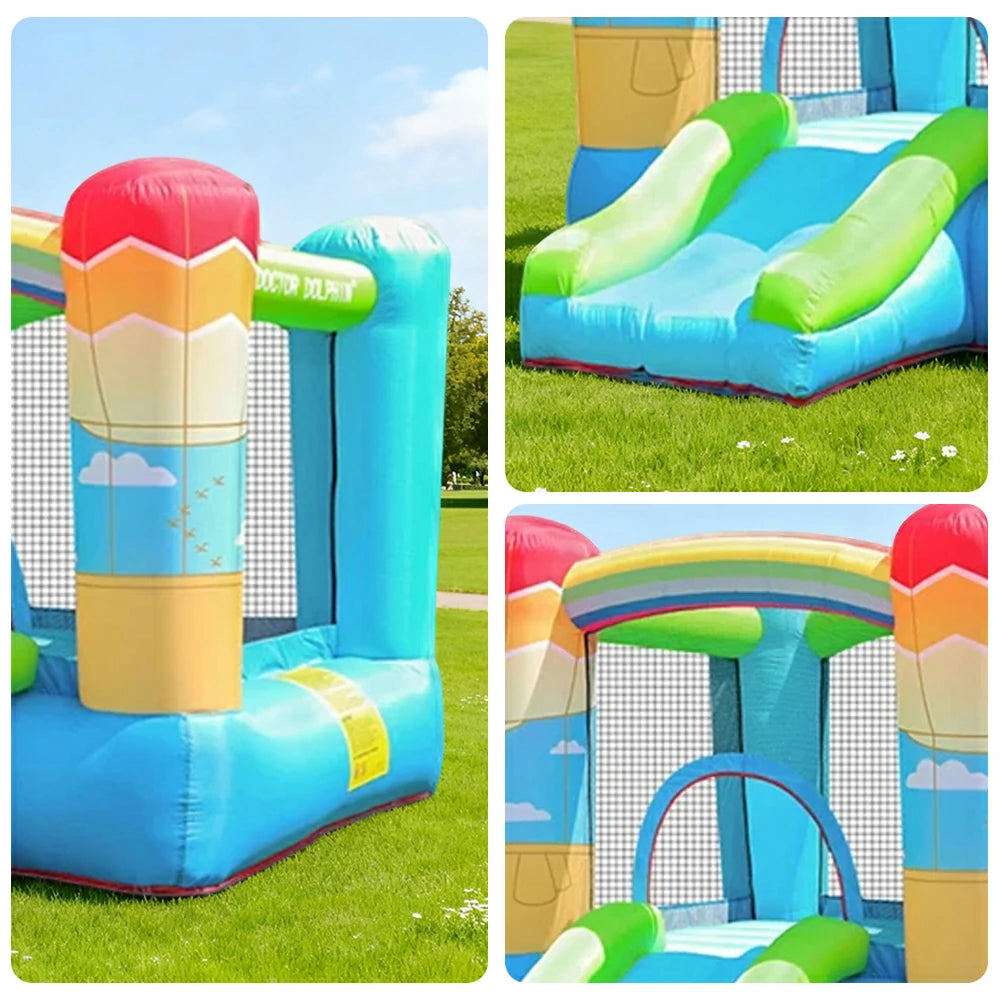 GAMEON Inflatable Bounce Castle - PVC Build with Blower, Rainbow Castle with Slide, Kid-Friendly Design