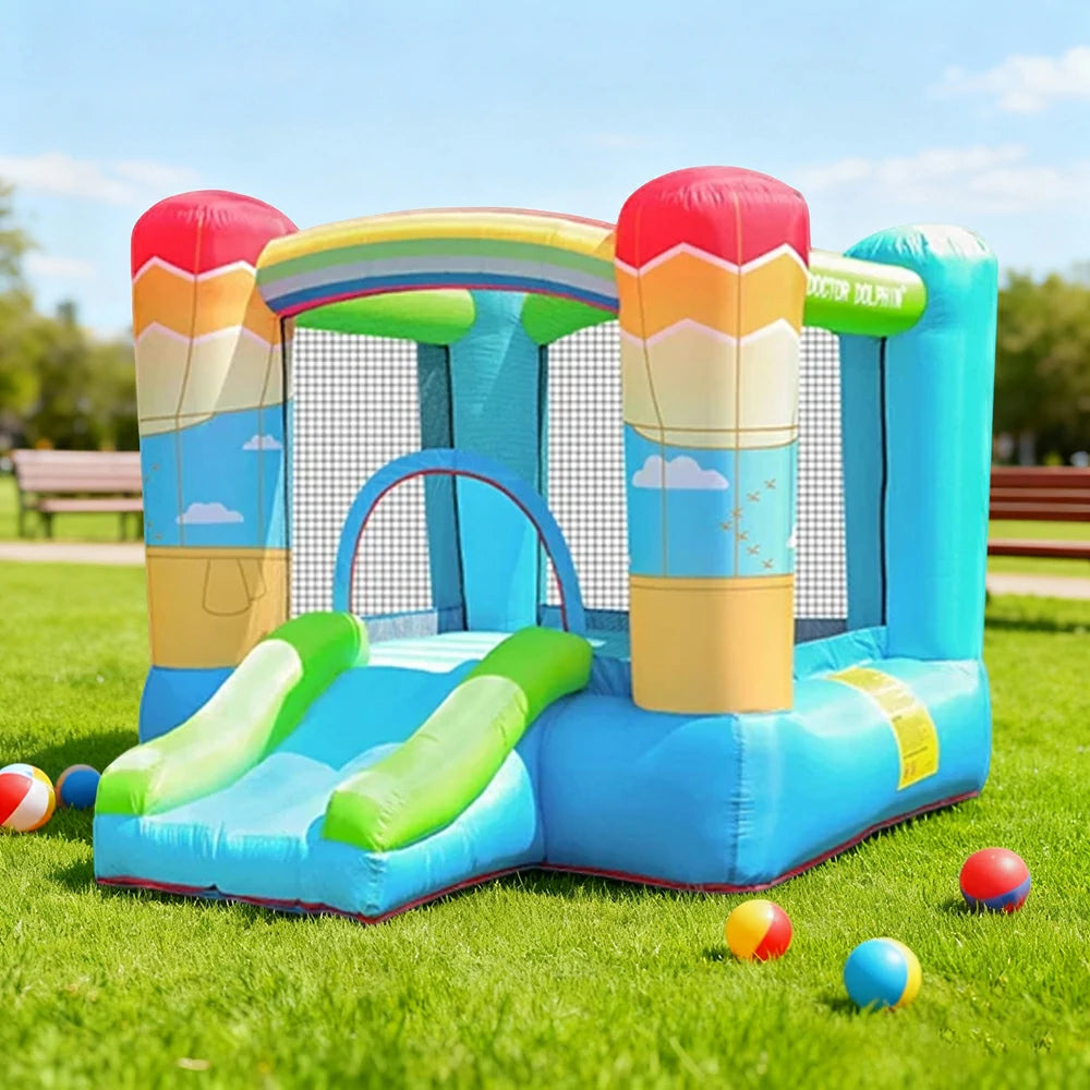GAMEON Inflatable Bounce Castle - PVC Build with Blower, Rainbow Castle with Slide, Kid-Friendly Design