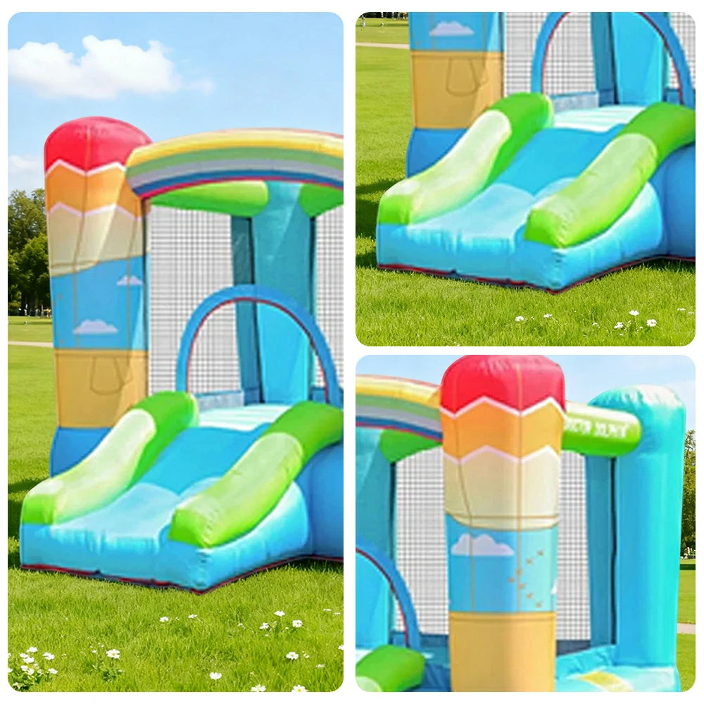 GAMEON Inflatable Bounce Castle - PVC Build with Blower, Rainbow Castle with Slide, Kid-Friendly Design