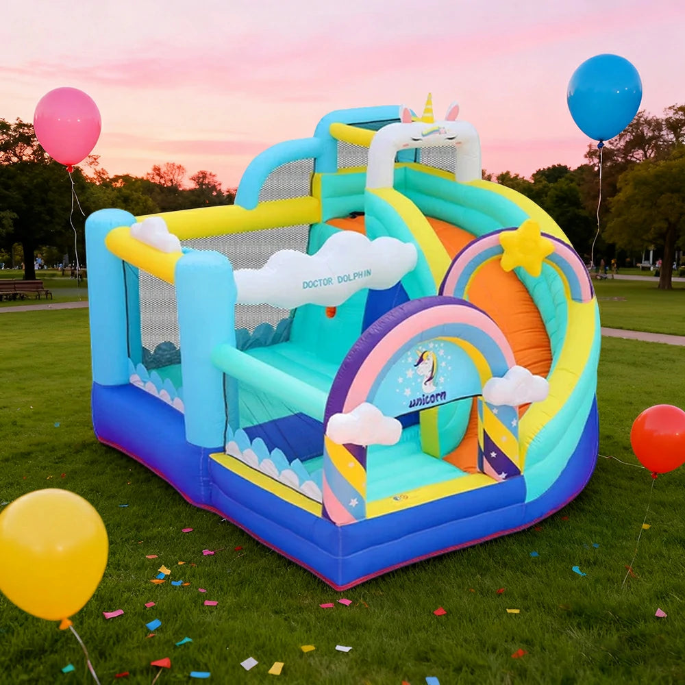 GAMEON Inflatable Bounce Castle - PVC Build with Blower, Unicorn Rainbow Theme with Slide