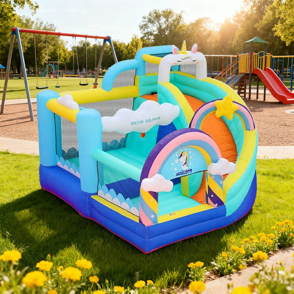 GAMEON Inflatable Bounce Castle - PVC Build with Blower, Unicorn Rainbow Theme with Slide