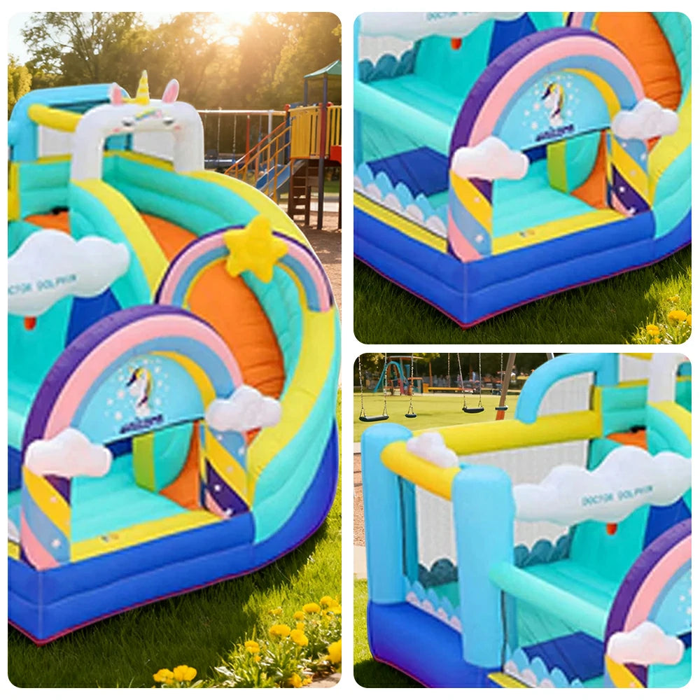 GAMEON Inflatable Bounce Castle - PVC Build with Blower, Unicorn Rainbow Theme with Slide