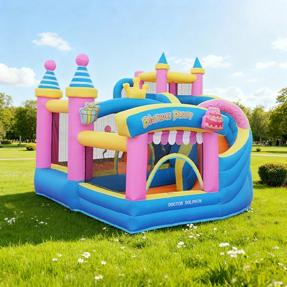 GAMEON Inflatable Bounce Castle - PVC Build with Blower, Birthday Party Theme with Cake and Gift Design