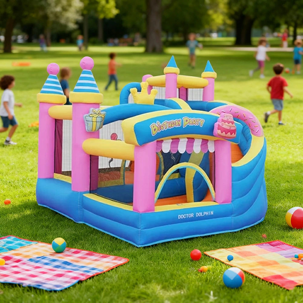 GAMEON Inflatable Bounce Castle - PVC Build with Blower, Birthday Party Theme with Cake and Gift Design